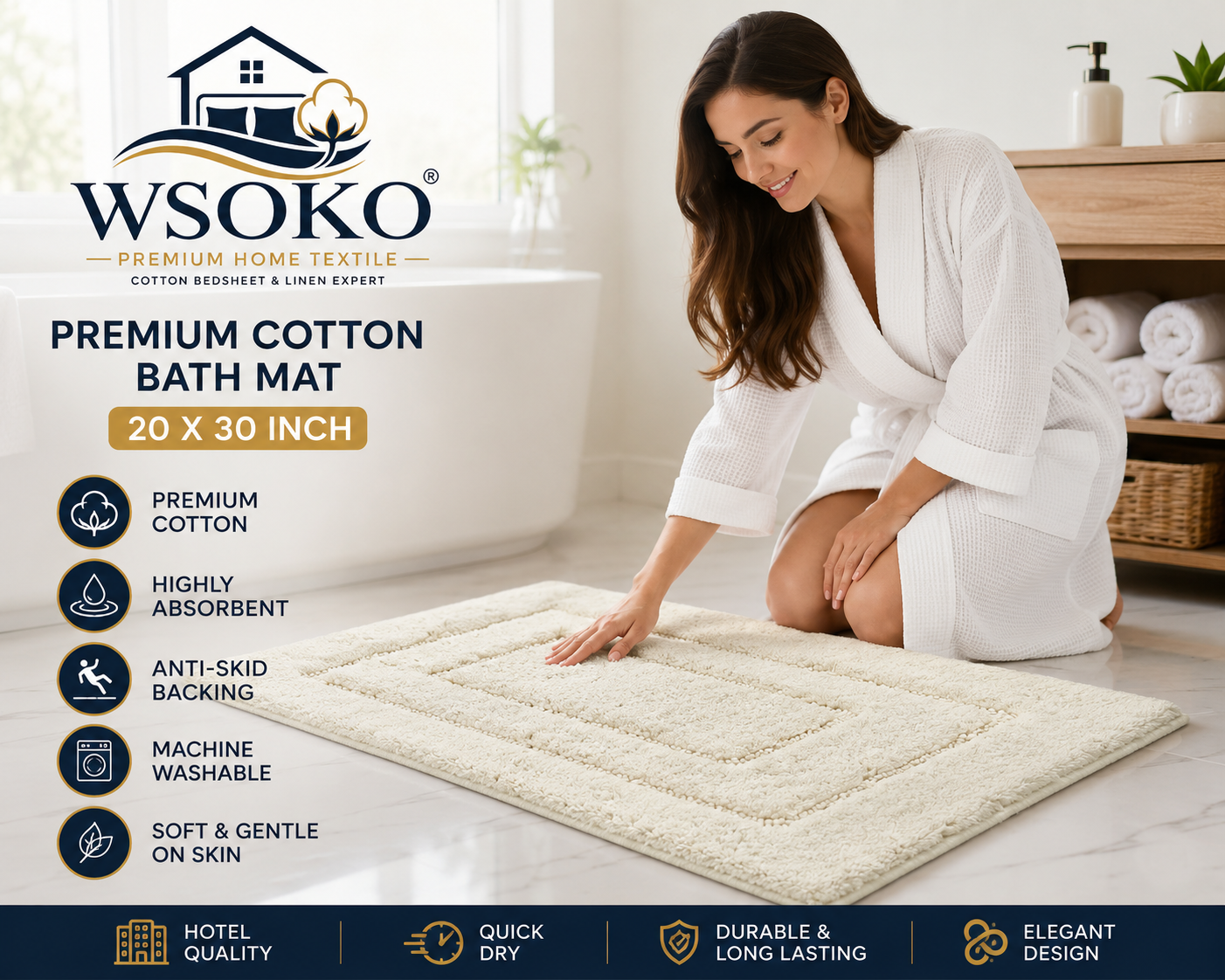 Cotton Bathmat | Bathroom Rug | Thick,Super Soft, Quick Dry |