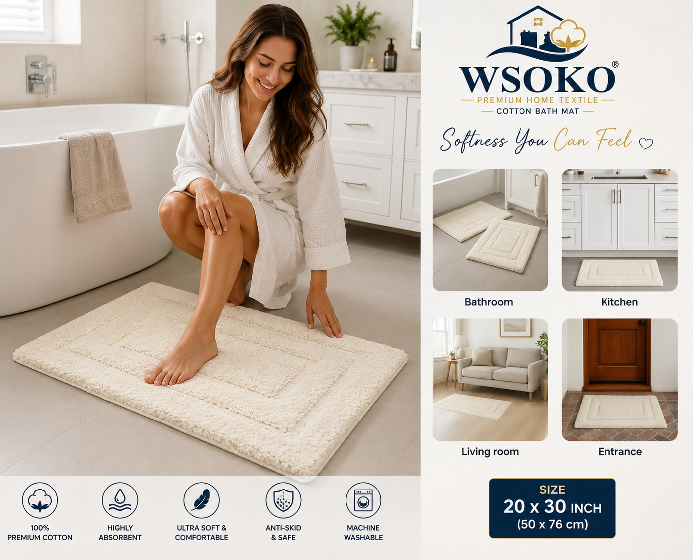 Cotton Bathmat | Bathroom Rug | Thick,Super Soft, Quick Dry |