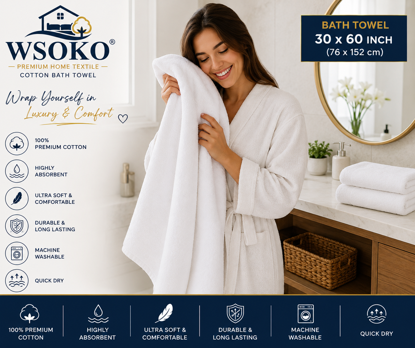 WSOKO 100% Pure Cotton Bath Towel 30 x 60 Inch | 700 GSM Ultra Soft & Highly Absorbent Hotel Quality Towel