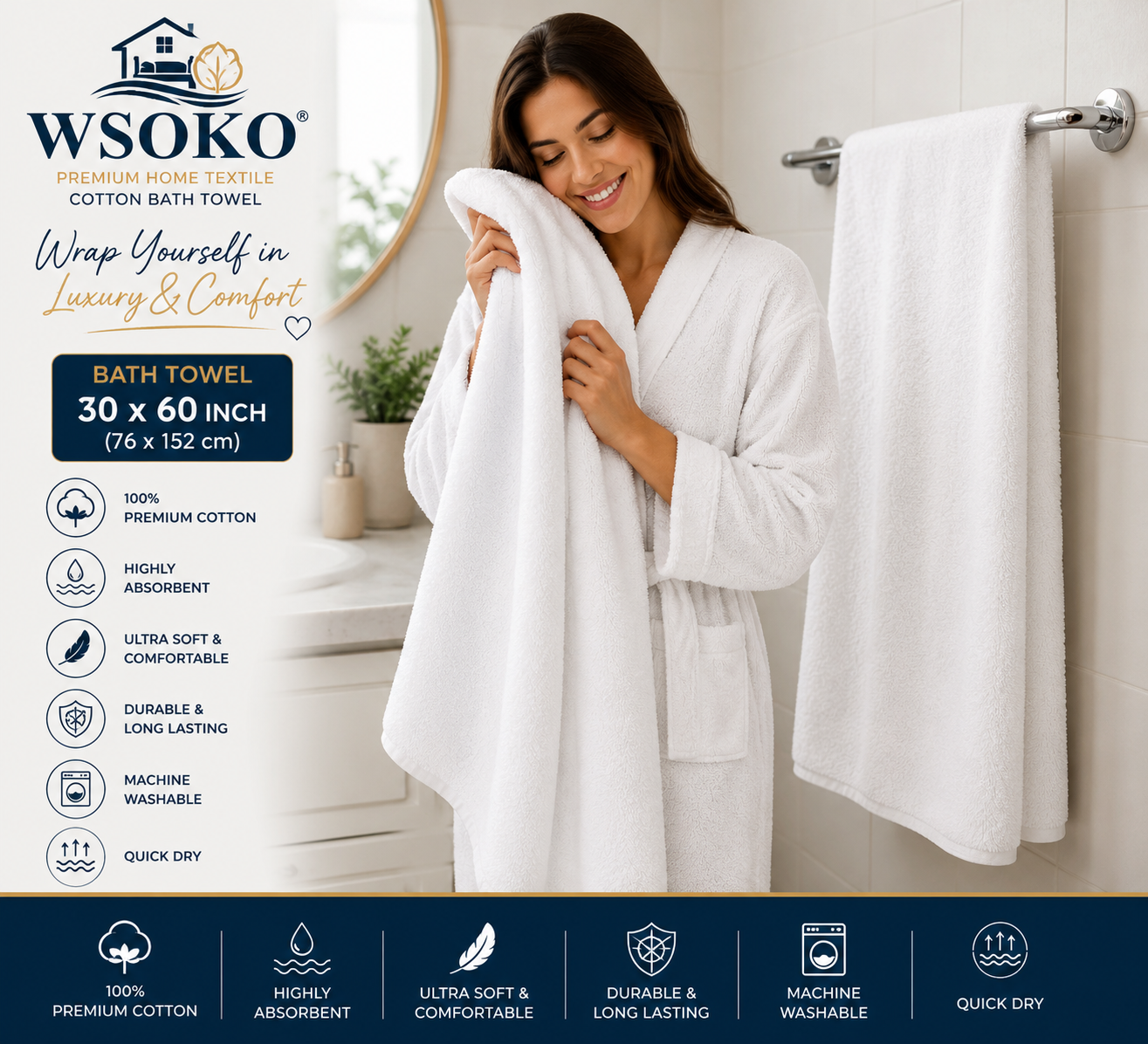 WSOKO 100% Pure Cotton Bath Towel 30 x 60 Inch | 700 GSM Ultra Soft & Highly Absorbent Hotel Quality Towel
