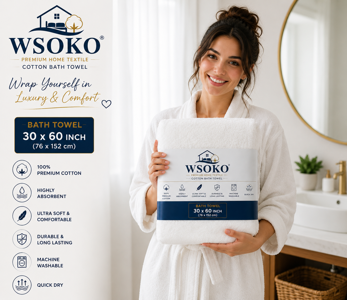WSOKO 100% Pure Cotton Bath Towel 30 x 60 Inch | 700 GSM Ultra Soft & Highly Absorbent Hotel Quality Towel