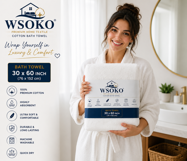 WSOKO 100% Pure Cotton Bath Towel 30 x 60 Inch | 700 GSM Ultra Soft & Highly Absorbent Hotel Quality Towel