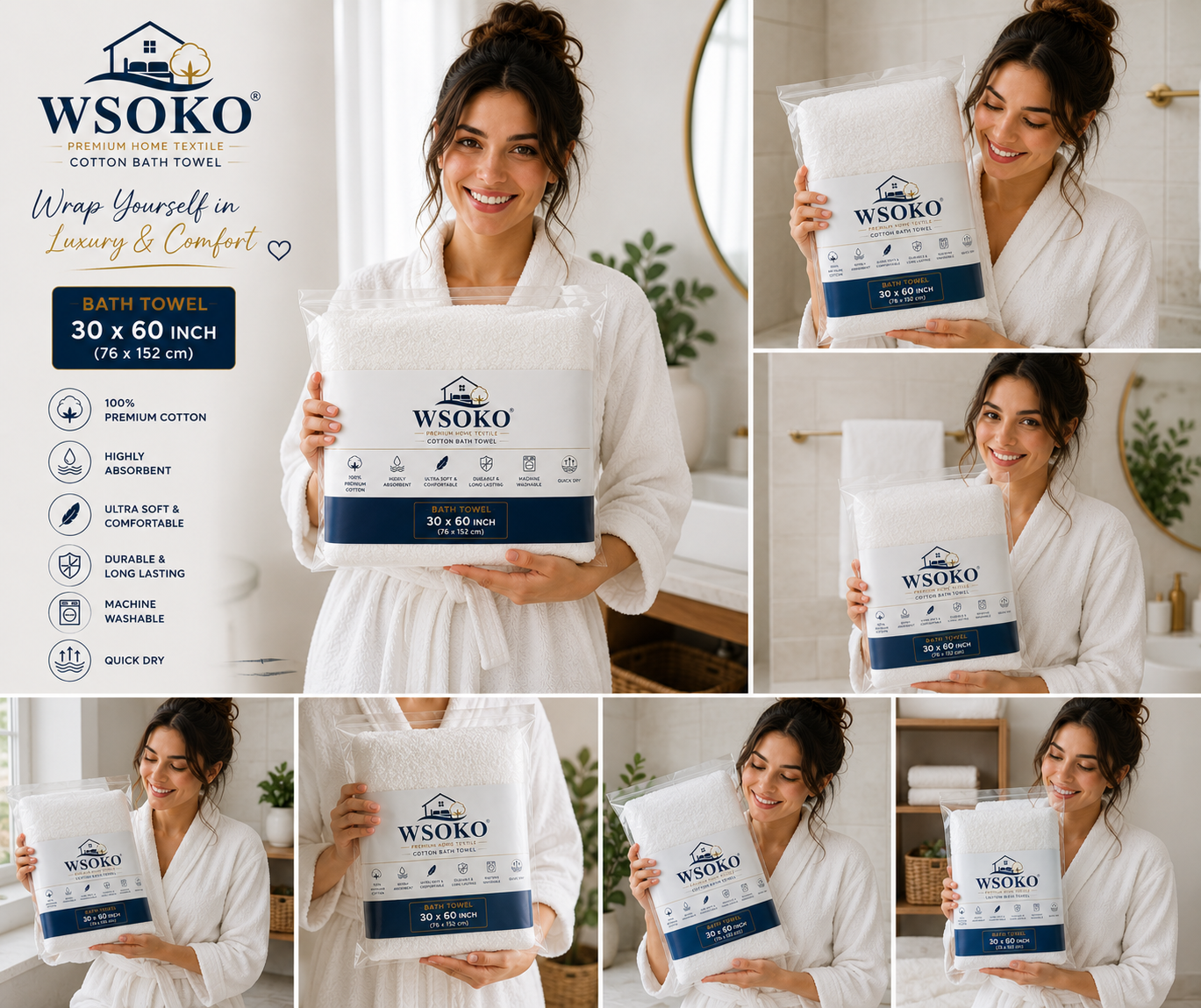 WSOKO 100% Pure Cotton Bath Towel 30 x 60 Inch | 700 GSM Ultra Soft & Highly Absorbent Hotel Quality Towel