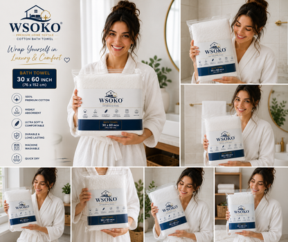 WSOKO 100% Pure Cotton Bath Towel 30 x 60 Inch | 700 GSM Ultra Soft & Highly Absorbent Hotel Quality Towel