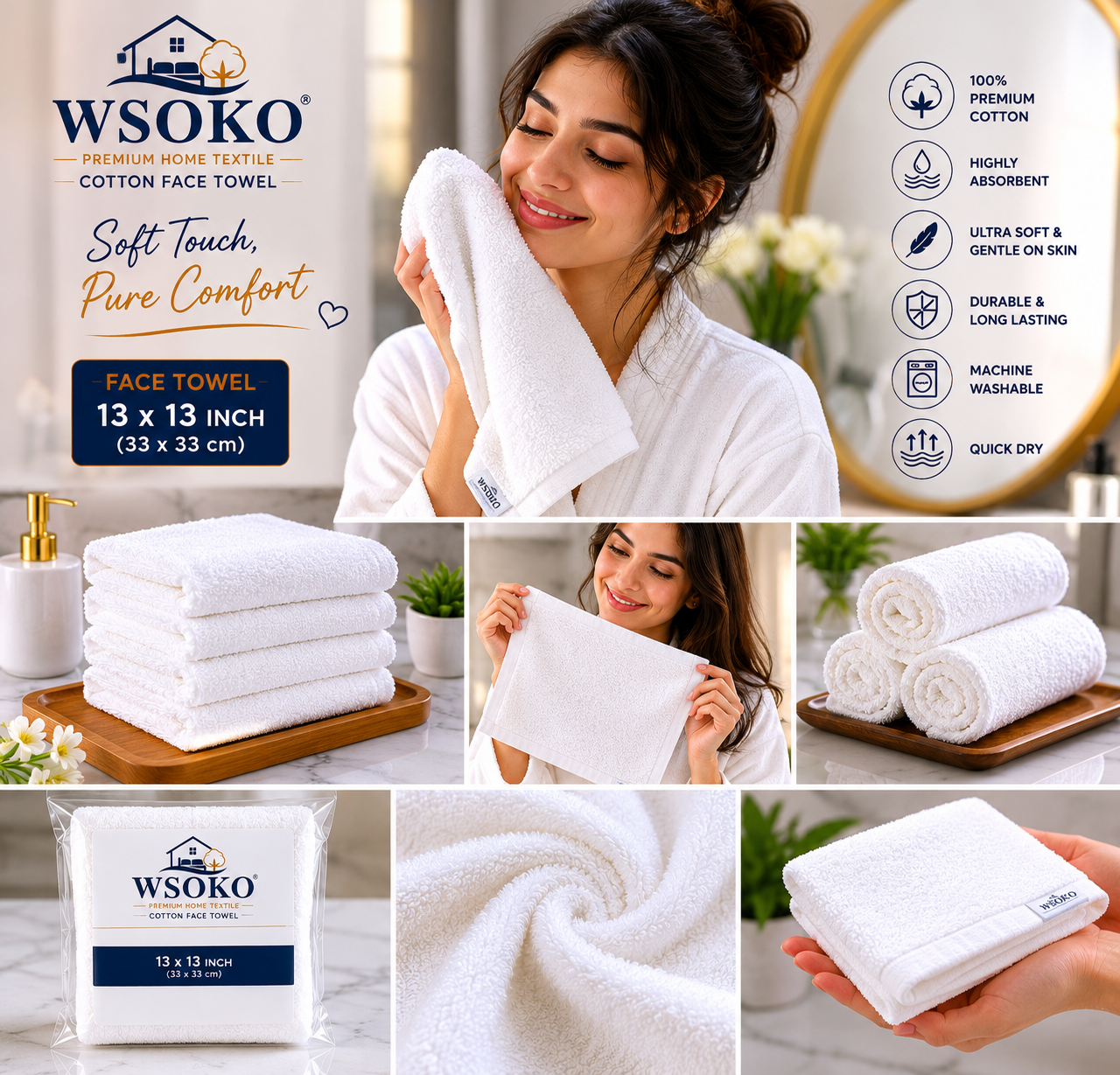 WSOKO 100% Pure Cotton Face Towel 12 x 12 Inch |