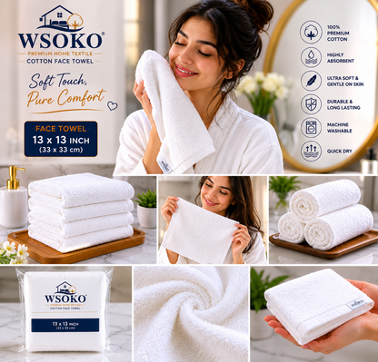 WSOKO 100% Pure Cotton Face Towel 12 x 12 Inch |