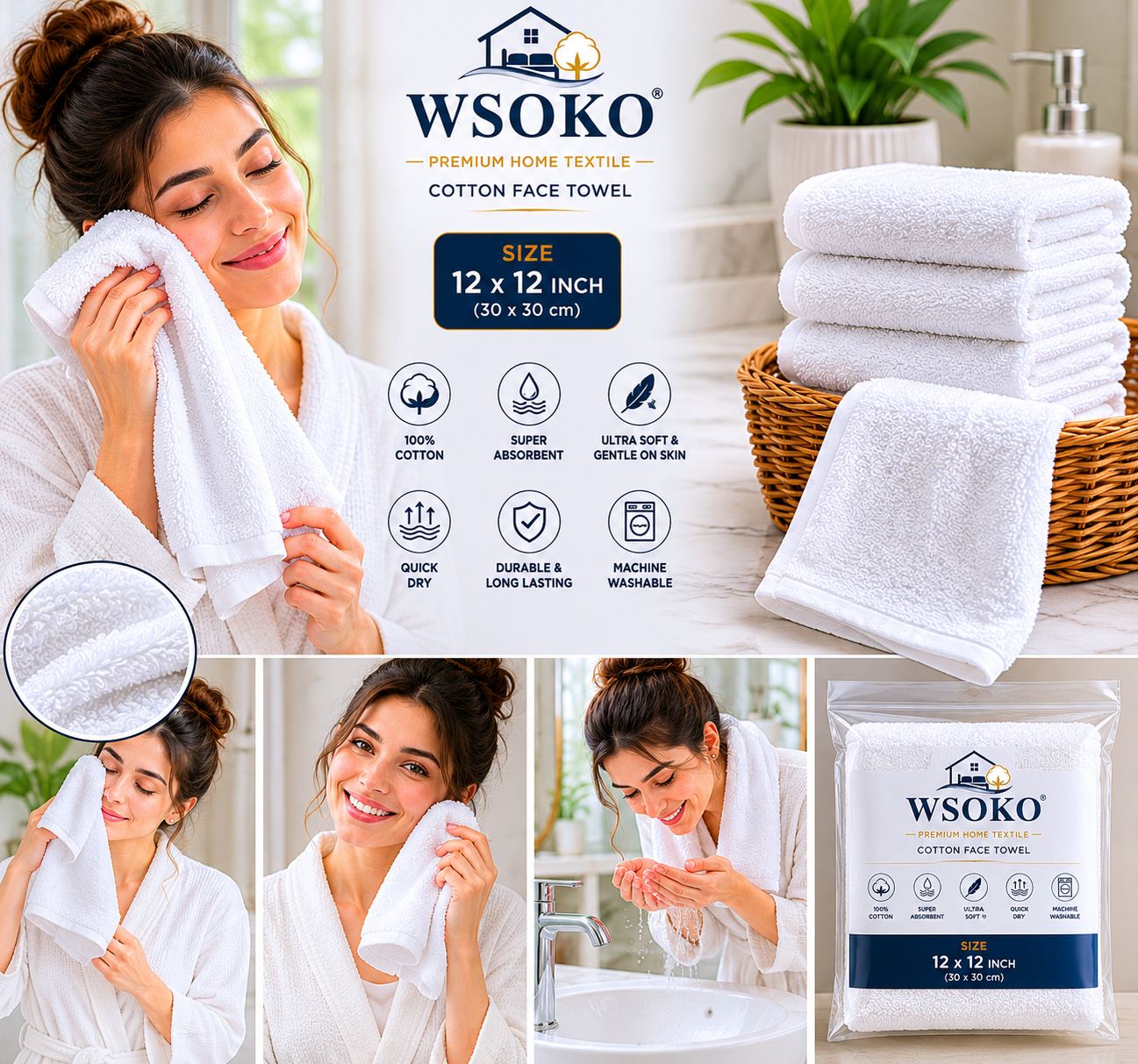 WSOKO 100% Pure Cotton Hand Towel 16 x 27 Inch | 150 GSM Soft & Lightweight Hand Towel |