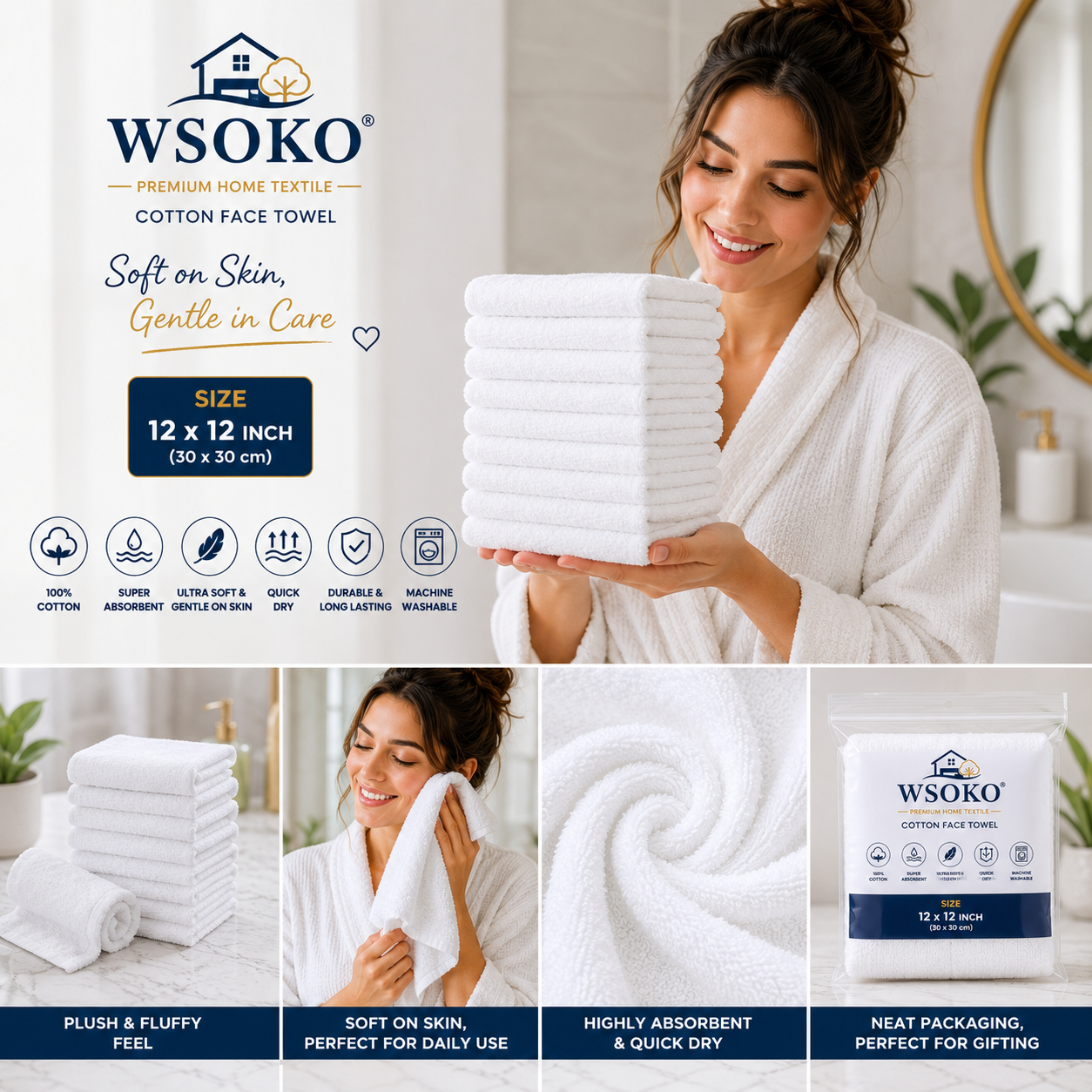 WSOKO 100% Pure Cotton Hand Towel 16 x 27 Inch | 150 GSM Soft & Lightweight Hand Towel |