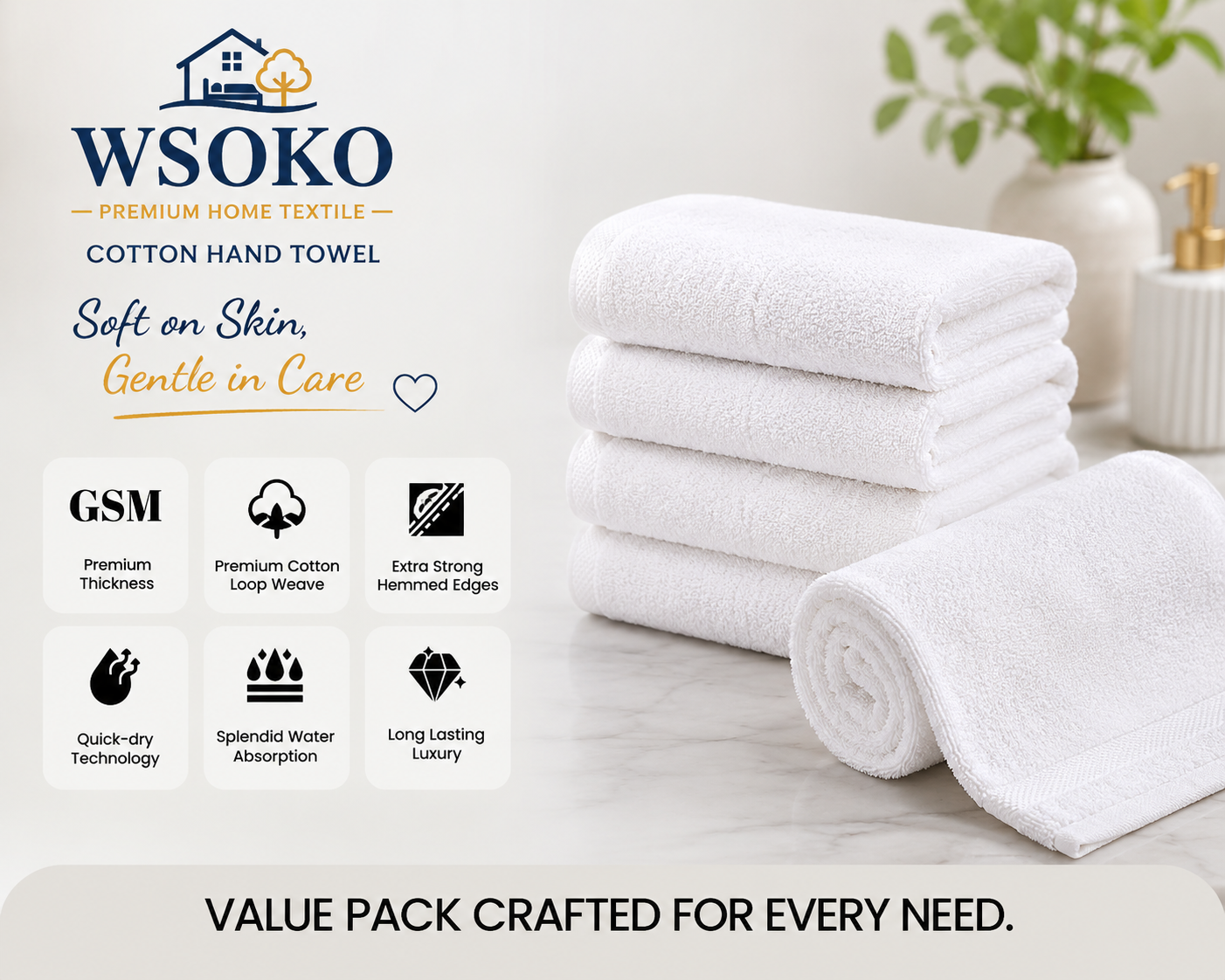 WSOKO 100% Pure Cotton Face Towel 12 x 12 Inch |