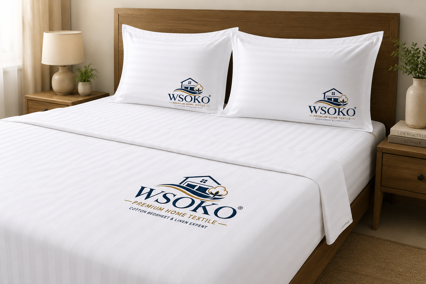 WSOKO 70% Cotton Satin Stripe Double Bedsheet 72x108 Inch with 2 Pillow Covers | White