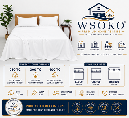 WSOKO 70% Cotton Plain Single Bedsheet 60x90 Inch with 1 Pillow Cover | White