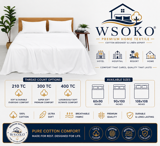 WSOKO 100% Cotton Plain King Bedsheet 100x108 Inch with 2 Pillow Covers | White | Hotel Quality