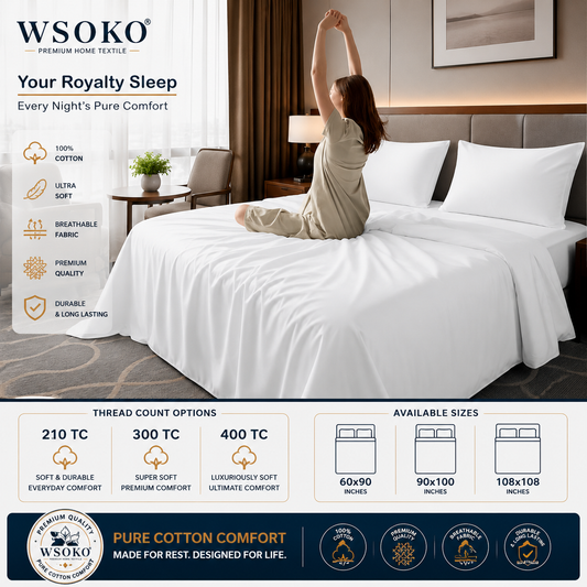 WSOKO 70% Cotton Plain King Bedsheet 100x108 Inch with 2 Pillow Covers | White