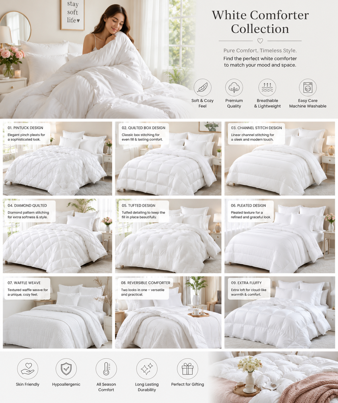 WSOKO All Season Microfiber Comforter 90x100 Inch | 150–400 GSM | White | Hotel Quality