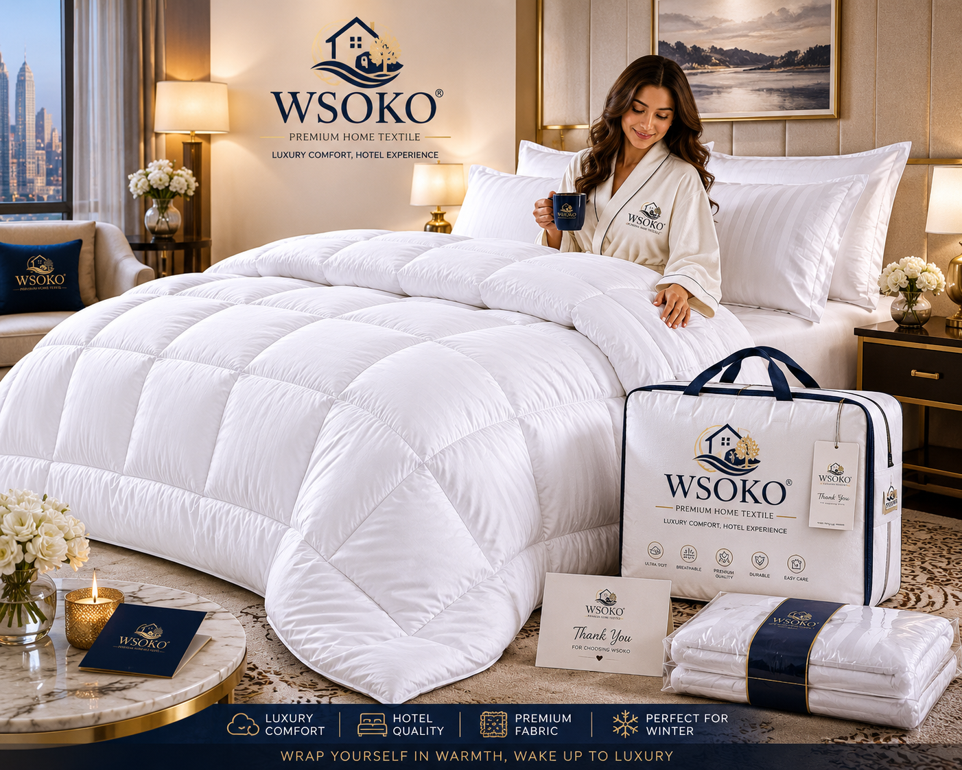 WSOKO All Season Microfiber Comforter 60x90 Inch | 150–400 GSM | White | Hotel Quality