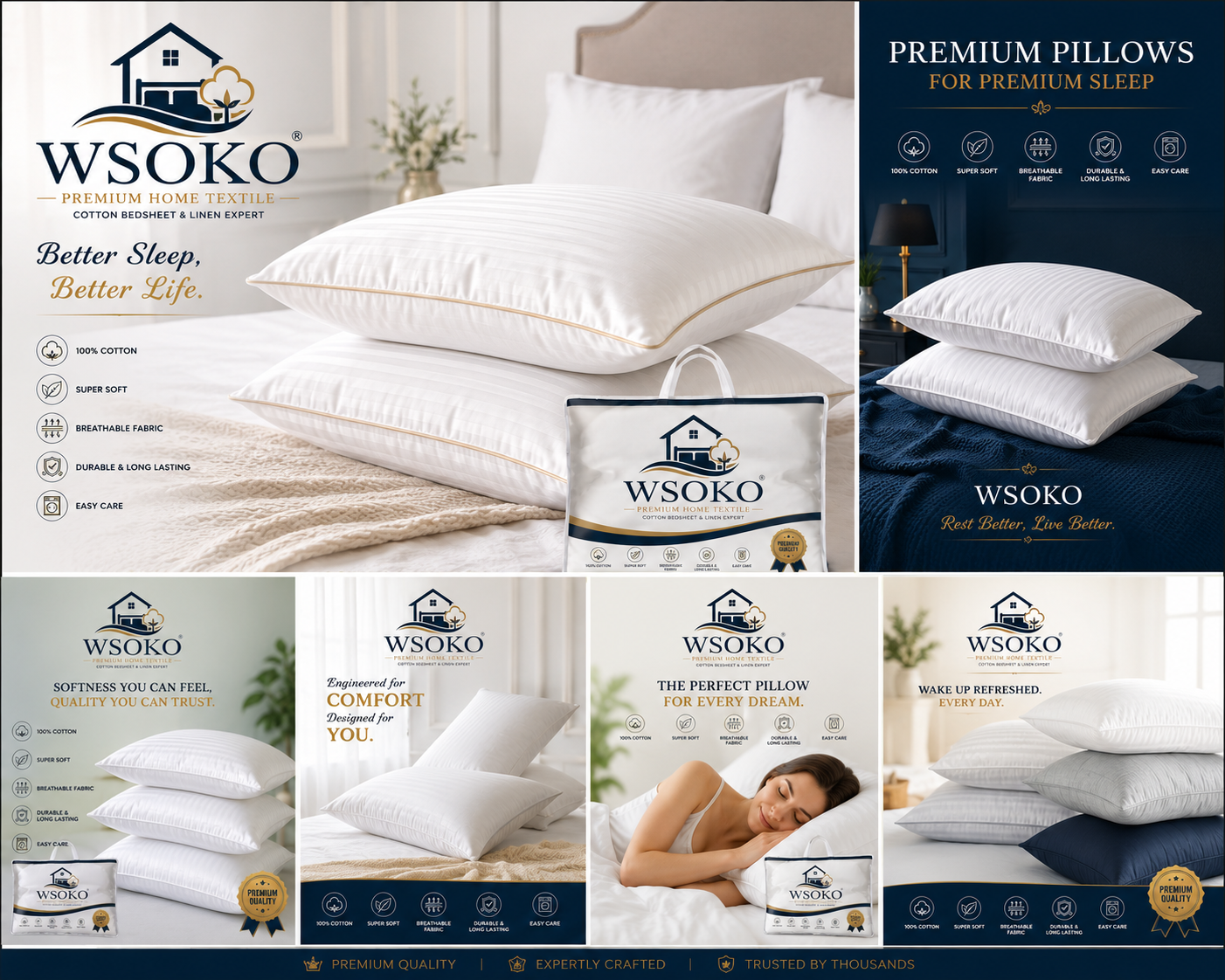 WSOKO Cotton  200 TC Premium Pillow Covers for Bed, Sofa, Living Room & Home Décor | White
