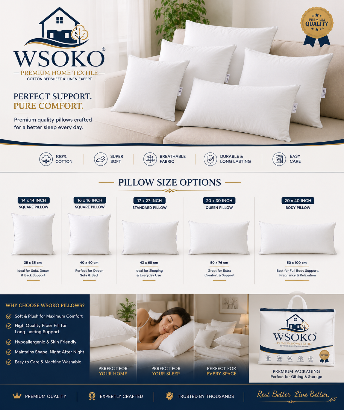 WSOKO Premium Cushion Pillow 16x16 Inch | Soft Filled | White