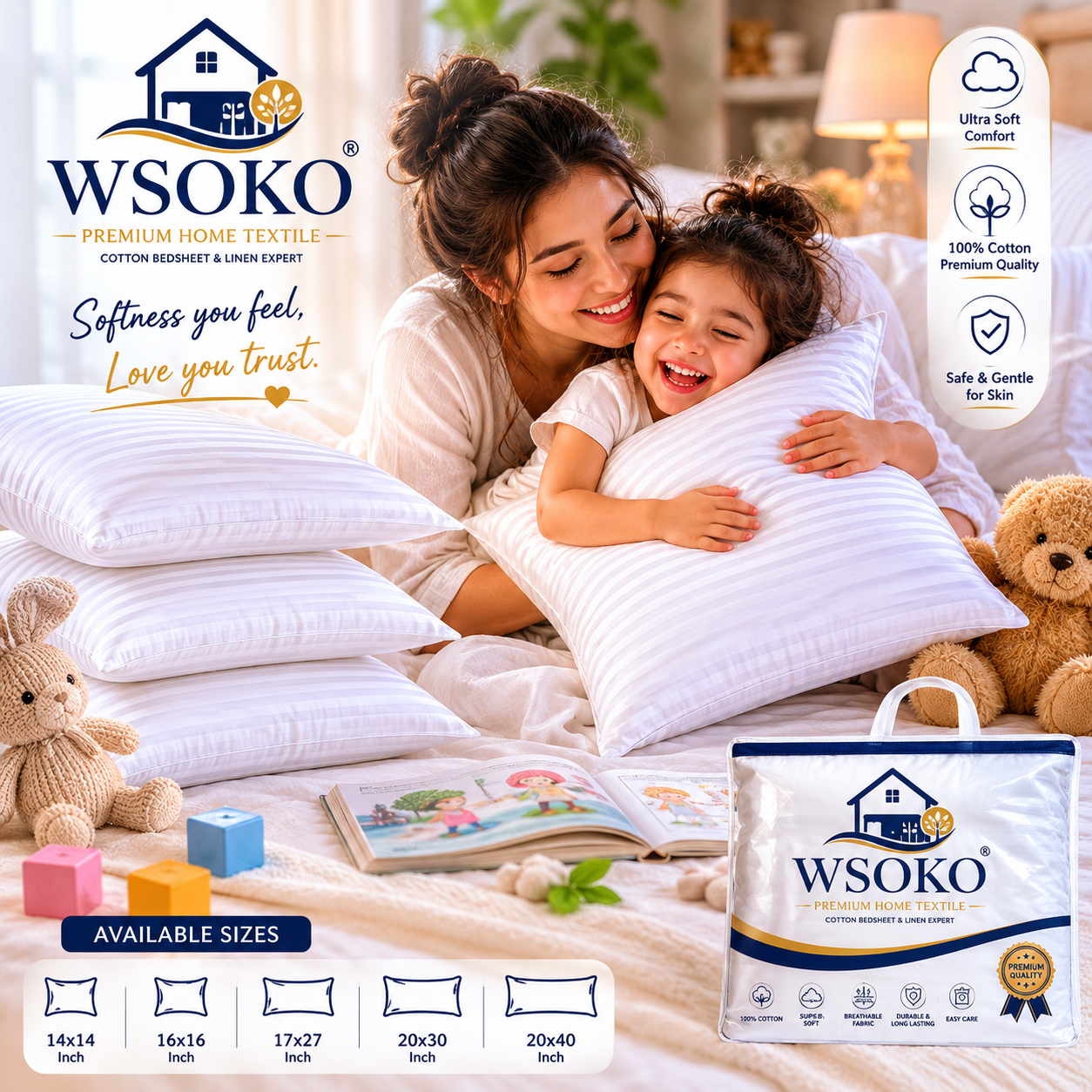 WSOKO Premium Cushion Pillow 16x16 Inch | Soft Filled | White