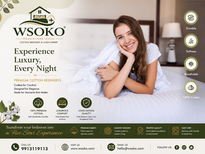 WSOKO 70% Cotton Satin Stripe Double Bedsheet 72x108 Inch with 2 Pillow Covers | White